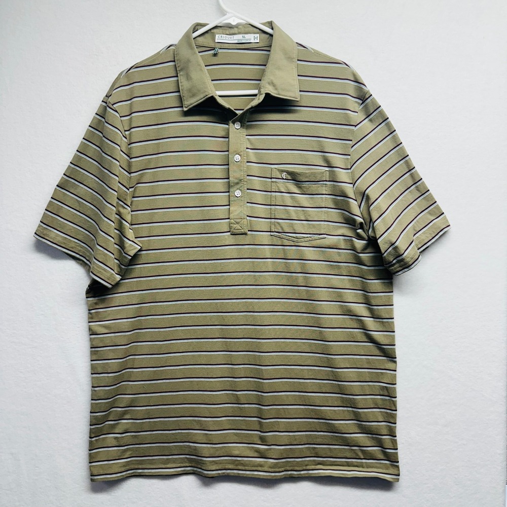 Criquet Polo Shirt Mens XL Olive Green Striped Short Sleeve Pocket Players Polo
